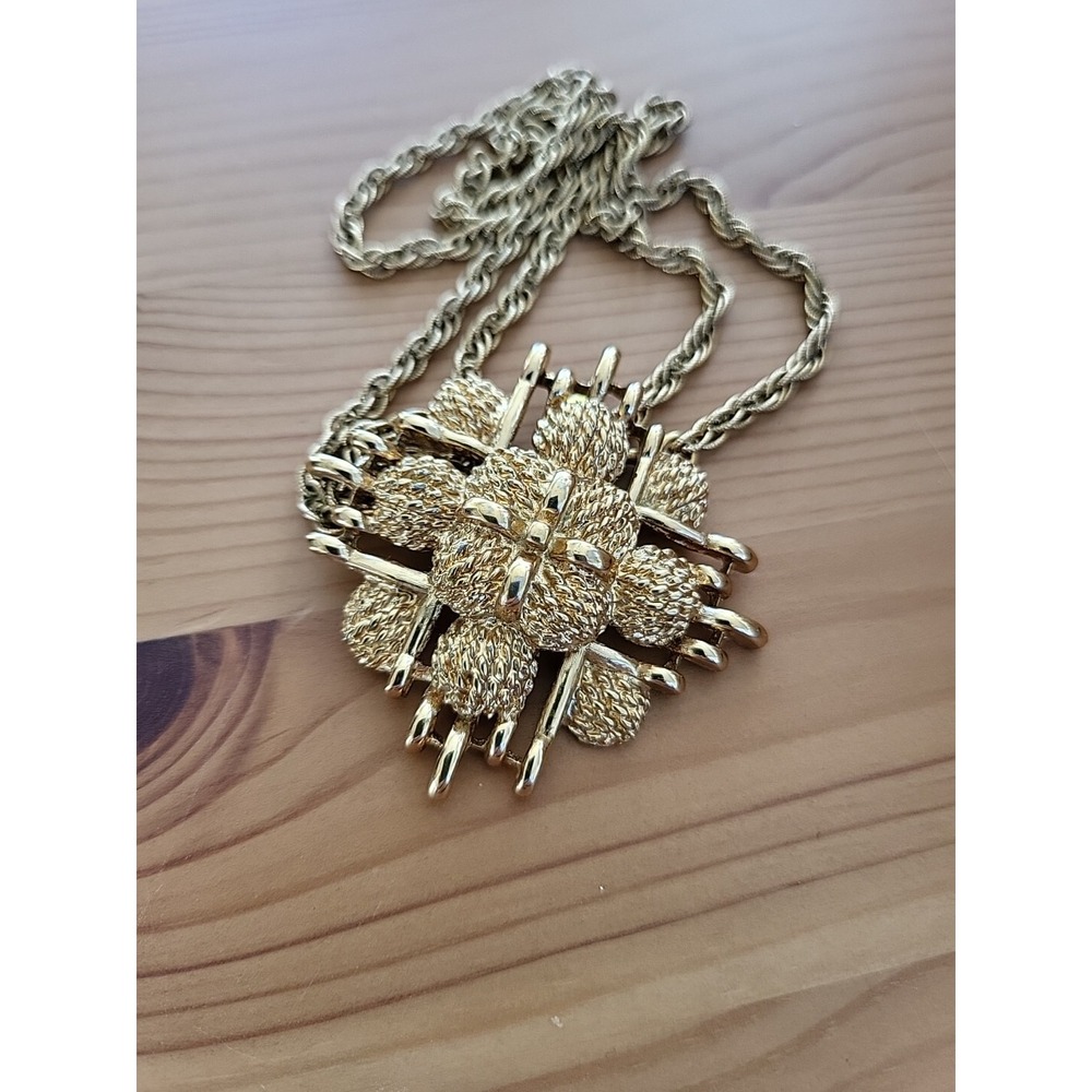 Monet Modernist Cross Gold Tone Textured Necklace Signed Vintage 70s Pendant